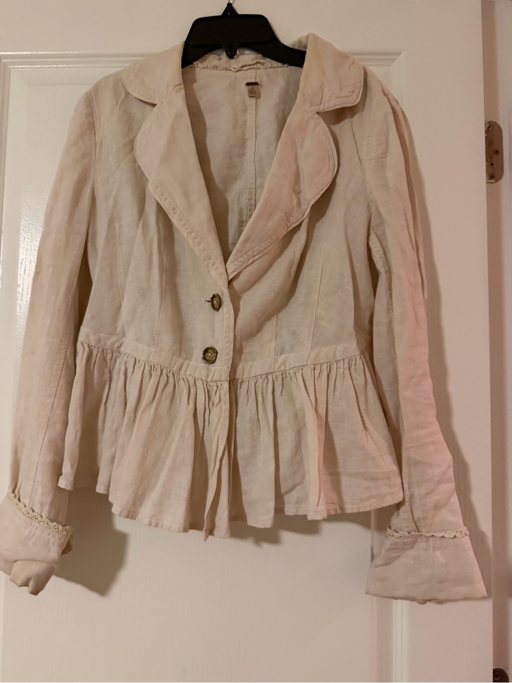 Free People Linen Cotton Peplum Ruffle Crop Jacket , ivory, Women's Small